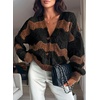 image:imageAstylish Women 2026 Knit Chevron Striped Cardigan Sweaters  Fall Outfits Open Front Long Sleeve Business Casual Button DownBlack Brown