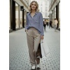 image:imageAstylish Women 2026 Loose Fit Tops Linen Cotton Button Down Shirts Blouses  Collared V Neck Roll Up Long SleeveDusk Blue