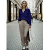 image:imageAstylish Women 2026 Loose Fit Tops Linen Cotton Button Down Shirts Blouses  Collared V Neck Roll Up Long SleeveNavy Blue