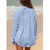 image:imageAstylish Women 2026 Loose Fit Tops Linen Cotton Button Down Shirts Blouses  Collared V Neck Roll Up Long SleeveSky Blue