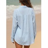 image:imageAstylish Women 2026 Loose Fit Tops Linen Cotton Button Down Shirts Blouses  Collared V Neck Roll Up Long SleeveY Sky Blue Stripe
