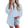 image:imageAstylish Women 2026 Loose Fit Tops Linen Cotton Button Down Shirts Blouses  Collared V Neck Roll Up Long SleeveY Sky Blue Stripe