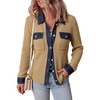 image:imageAstylish Womens Denim Trim Cardigan Waffle Long Sleeve Fall Knit Sweaters with Chest PocketsLight French Beige