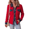 image:imageAstylish Womens Denim Trim Cardigan Waffle Long Sleeve Fall Knit Sweaters with Chest PocketsRed