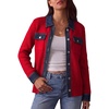 image:imageAstylish Womens Knit Denim Trim Cardigan Waffle Long Sleeve Fall Sweaters with Chest PocketsRed