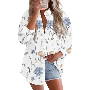 image:imageAstylish Women 2026 Loose Fit Tops Linen Cotton Button Down Shirts Blouses  Collared V Neck Roll Up Long SleeveY White Floral