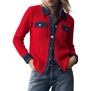 image:imageAstylish Womens Denim Trim Cardigan Waffle Long Sleeve Knit Fall Sweaters with Chest PocketsRed