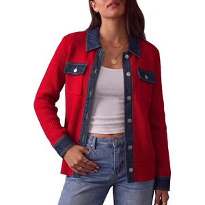 image:imageAstylish Womens Knit Denim Trim Cardigan Waffle Long Sleeve Fall Sweaters with Chest PocketsRed
