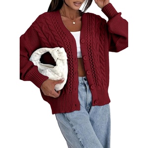 image:imageAstylish Womens Knit Open Front Button Down Hollow Out Cardigan Sweaters  Long Sleeve V Neck Lightweight Business Casual Sweater Cardigans 2026Fall Winter Going Out OutfitsBurgundy