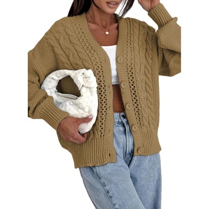 image:imageAstylish Womens Knit Open Front Button Down Hollow Out Cardigan Sweaters  Long Sleeve V Neck Lightweight Business Casual Sweater Cardigans 2026Fall Winter Going Out OutfitsKhaki
