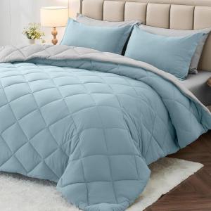 imageMUXHOMO 7 Pieces Queen Comforter Set Reversible Bed in a Bag Queen Size All Season Bedding Set with Comforter Flat Sheet Fitted Sheet Pillowcases ampamp Shams Red ampamp BlackGreyish BlueLight Grey
