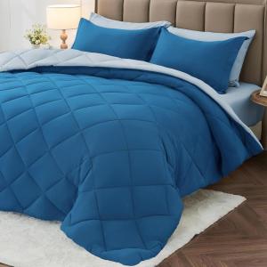 imageMUXHOMO 7 Pieces Queen Comforter Set Reversible Bed in a Bag Queen Size All Season Bedding Set with Comforter Flat Sheet Fitted Sheet Pillowcases ampamp Shams Red ampamp BlackTealLake Blue