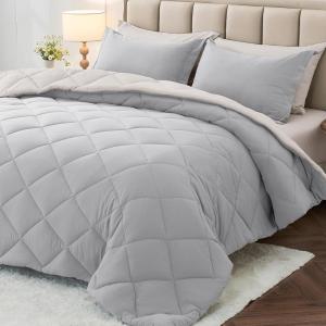 imageMUXHOMO 7 Pieces Queen Comforter Set Reversible Bed in a Bag Queen Size All Season Bedding Set with Comforter Flat Sheet Fitted Sheet Pillowcases ampamp Shams Red ampamp BlackLight GreyBeige