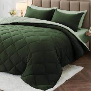 imageMUXHOMO 7 Pieces Queen Comforter Set Reversible Bed in a Bag Queen Size All Season Bedding Set with Comforter Flat Sheet Fitted Sheet Pillowcases ampamp Shams Red ampamp BlackDark GreenLight Green