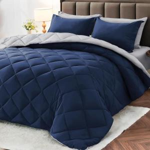 imageMUXHOMO 7 Pieces Queen Comforter Set Reversible Bed in a Bag Queen Size All Season Bedding Set with Comforter Flat Sheet Fitted Sheet Pillowcases ampamp Shams Red ampamp BlackNavyLight Grey