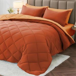 imageMUXHOMO 7 Pieces Queen Comforter Set Reversible Bed in a Bag Queen Size All Season Bedding Set with Comforter Flat Sheet Fitted Sheet Pillowcases ampamp Shams Red ampamp BlackBurnt OrangeCamel