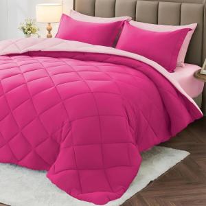 imageMUXHOMO 7 Pieces Queen Comforter Set Reversible Bed in a Bag Queen Size All Season Bedding Set with Comforter Flat Sheet Fitted Sheet Pillowcases ampamp Shams Red ampamp BlackHot PinkBaby Pink