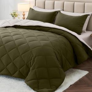 imageMUXHOMO 7 Pieces Queen Comforter Set Reversible Bed in a Bag Queen Size All Season Bedding Set with Comforter Flat Sheet Fitted Sheet Pillowcases ampamp Shams Red ampamp BlackOlive GreenBeige