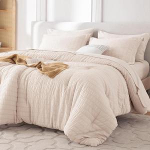 imageMUXHOMO 7 Pieces Queen Comforter Set Seersucker Bed in a Bag Queen Size All Season Luxury Bedding Set with Comforter Flat Sheet Fitted Sheet Pillowcases ampamp Shams BeigeBeige