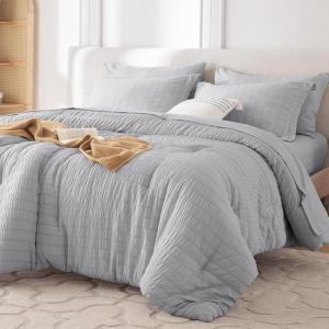 imageMUXHOMO 7 Pieces Queen Comforter Set Seersucker Bed in a Bag Queen Size All Season Luxury Bedding Set with Comforter Flat Sheet Fitted Sheet Pillowcases ampamp Shams BeigeLight Grey