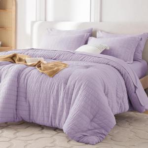 imageMUXHOMO 7 Pieces Queen Comforter Set Seersucker Bed in a Bag Queen Size All Season Luxury Bedding Set with Comforter Flat Sheet Fitted Sheet Pillowcases ampamp Shams BeigeLavender