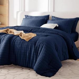 imageMUXHOMO 7 Pieces Queen Comforter Set Seersucker Bed in a Bag Queen Size All Season Luxury Bedding Set with Comforter Flat Sheet Fitted Sheet Pillowcases ampamp Shams BeigeNavy Blue