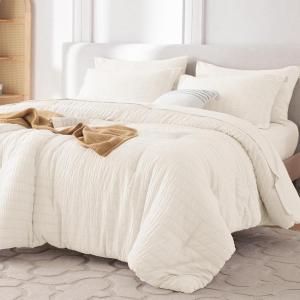 imageMUXHOMO 7 Pieces Queen Comforter Set Seersucker Bed in a Bag Queen Size All Season Luxury Bedding Set with Comforter Flat Sheet Fitted Sheet Pillowcases ampamp Shams BeigeIvory