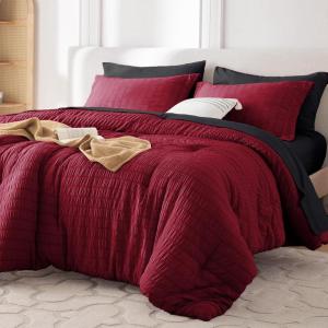 imageMUXHOMO 7 Pieces Queen Comforter Set Seersucker Bed in a Bag Queen Size All Season Luxury Bedding Set with Comforter Flat Sheet Fitted Sheet Pillowcases ampamp Shams BeigeRedBlack
