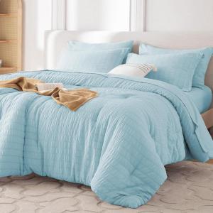 imageMUXHOMO 7 Pieces Queen Comforter Set Seersucker Bed in a Bag Queen Size All Season Luxury Bedding Set with Comforter Flat Sheet Fitted Sheet Pillowcases ampamp Shams BeigeLake Blue