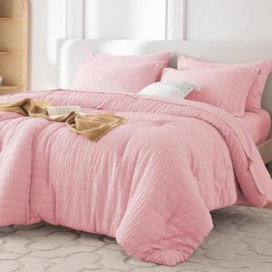 imageMUXHOMO 7 Pieces Queen Comforter Set Seersucker Bed in a Bag Queen Size All Season Luxury Bedding Set with Comforter Flat Sheet Fitted Sheet Pillowcases ampamp Shams BeigePink
