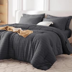 imageMUXHOMO 7 Pieces Queen Comforter Set Seersucker Bed in a Bag Queen Size All Season Luxury Bedding Set with Comforter Flat Sheet Fitted Sheet Pillowcases ampamp Shams BeigeDark Grey