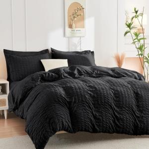 imageMUXHOMO 7 Pieces Queen Comforter Set Seersucker Bed in a Bag Queen Size All Season Luxury Bedding Set with Comforter Flat Sheet Fitted Sheet Pillowcases ampamp Shams BeigeBlack