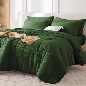 imageMUXHOMO 7 Pieces Queen Comforter Set Seersucker Bed in a Bag Queen Size All Season Luxury Bedding Set with Comforter Flat Sheet Fitted Sheet Pillowcases ampamp Shams BeigeDark Green