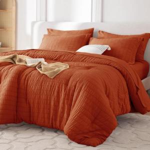 imageMUXHOMO 7 Pieces Queen Comforter Set Seersucker Bed in a Bag Queen Size All Season Luxury Bedding Set with Comforter Flat Sheet Fitted Sheet Pillowcases ampamp Shams BeigeBurnt Orange