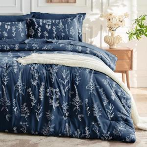 imageMUXHOMO Bed in a Bag Queen 7 Pieces Sage Green Queen Comforter Set Reversible Botanical Flowers Design Ultra Soft ampamp Breathable Bedding Sets with Comforter Sheets Pillowcases ampamp ShamsNavy Blue Leaves