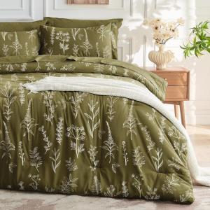 imageMUXHOMO Bed in a Bag Queen 7 Pieces Sage Green Queen Comforter Set Reversible Botanical Flowers Design Ultra Soft ampamp Breathable Bedding Sets with Comforter Sheets Pillowcases ampamp ShamsOlive Green Leaves