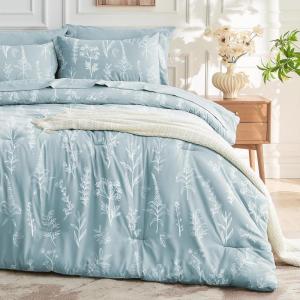 imageMUXHOMO Bed in a Bag Queen 7 Pieces Sage Green Queen Comforter Set Reversible Botanical Flowers Design Ultra Soft ampamp Breathable Bedding Sets with Comforter Sheets Pillowcases ampamp ShamsMineral Blue Leaves