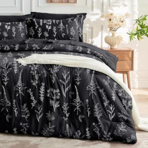 imageMUXHOMO Bed in a Bag Queen 7 Pieces Sage Green Queen Comforter Set Reversible Botanical Flowers Design Ultra Soft ampamp Breathable Bedding Sets with Comforter Sheets Pillowcases ampamp ShamsBlack Leaves