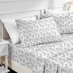 imageMUXHOMO Queen Size 4 Piece Sheet Set Soft Breathable Bed Sheet Set for Bedroom with Deep Pocket Up to 16quot WrinkleFree ampamp Cooling Bedding for OekoTEX Certified  Blossoms PinkGrey Leaves