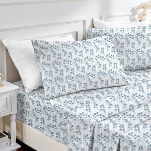 imageMUXHOMO Queen Size 4 Piece Sheet Set Soft Breathable Bed Sheet Set for Bedroom with Deep Pocket Up to 16quot WrinkleFree ampamp Cooling Bedding for OekoTEX Certified  Blossoms PinkBlue Leaves