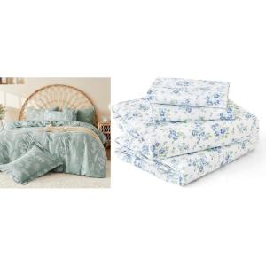 imageMUXHOMO Queen Size 4 Piece Sheet Set Light Blue Blossoms OekoTEX Certified ampamp 7 PCS Ultra Soft Breathable Queen Comforter Set Bed in a Bag Bedding Sets