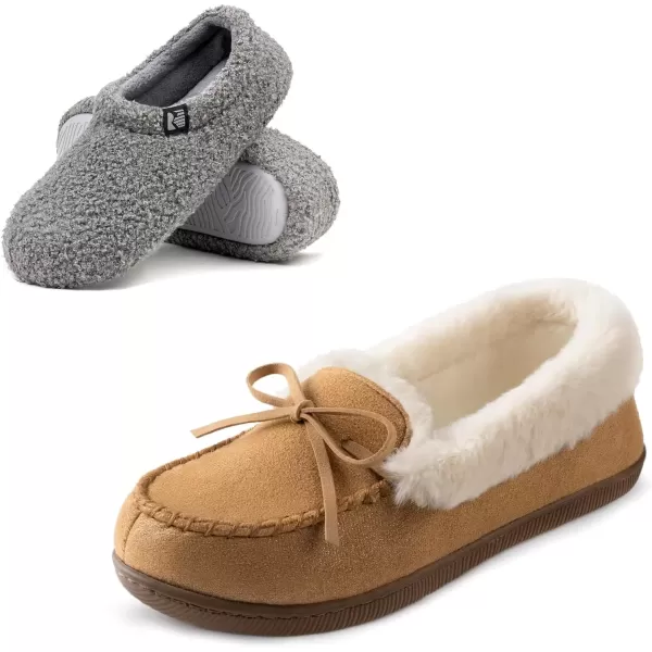 imageRockDove 2 Pairs Womens Slippers Teddy Fleece Dark Gray US 910 ampamp Caroline Glitter Moccasin Sand US 9