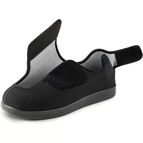 imageMens Diabetic Wide Width Breathable Waffle Knit Adjustable Slipper with AntiSlip Indoor Outdoor SoleBlack