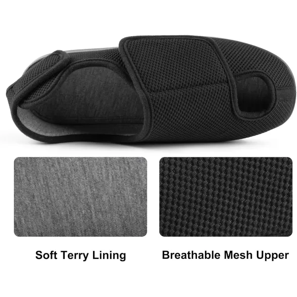 imageMens Diabetic Wide Width Breathable Waffle Knit Adjustable Slipper with AntiSlip Indoor Outdoor SoleBlack