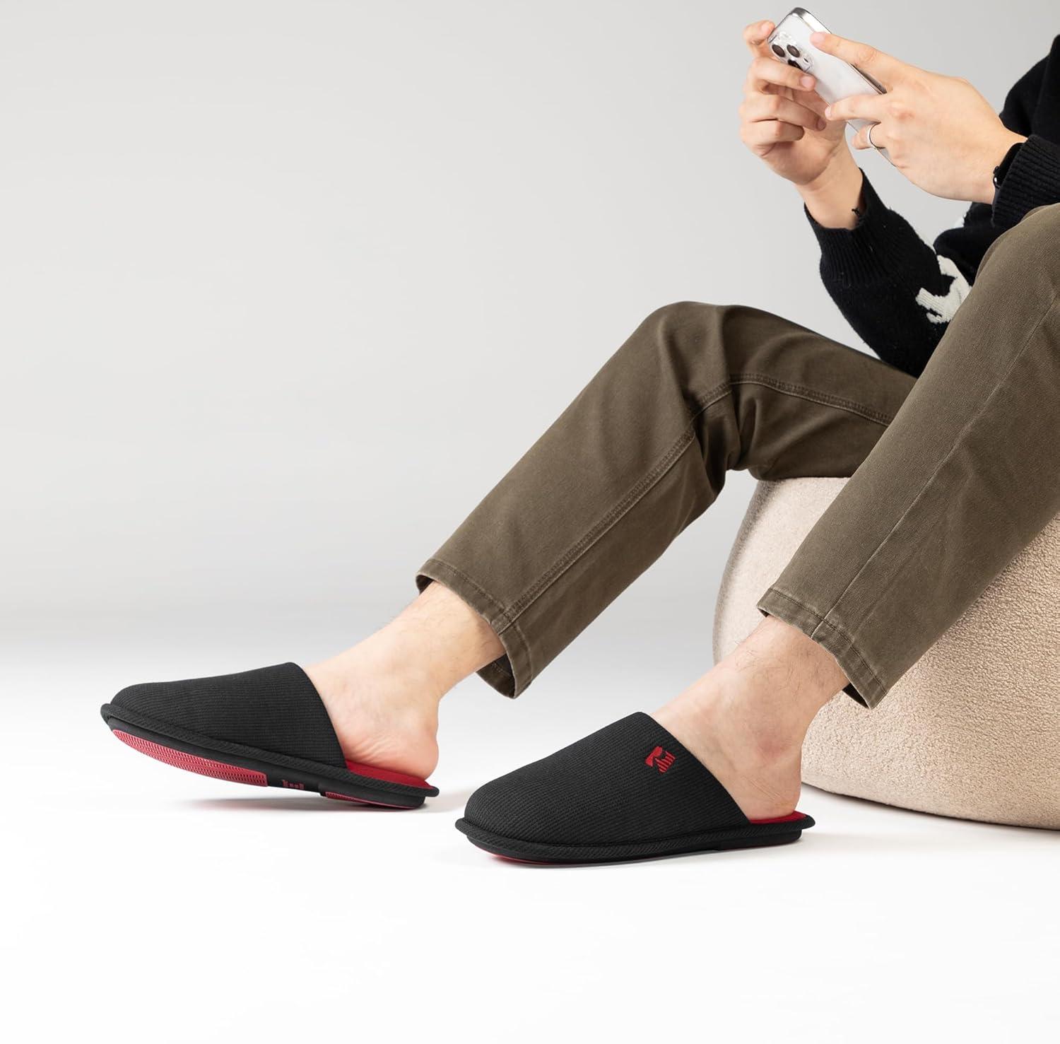 imageRockDove Mens TwoTone Memory Foam Lightweight Scuff House Slipper with Indoor Outdoor SoleBlackRed