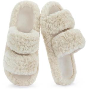 imageRockDove Womens Pluffie Chic Open Toe Faux Fur Slippers with Memory Foam Cozy House Shoes for Indoor Outdoor WearBeige