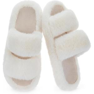 imageRockDove Womens Pluffie Chic Open Toe Faux Fur Slippers with Memory Foam Cozy House Shoes for Indoor Outdoor WearCream Beige