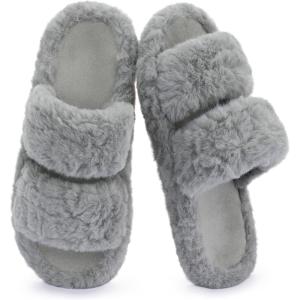 imageRockDove Womens Pluffie Chic Open Toe Faux Fur Slippers with Memory Foam Cozy House Shoes for Indoor Outdoor WearGrey