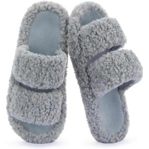 imageRockDove Womens Pluffie Chic Open Toe Faux Fur Slippers with Memory Foam Cozy House Shoes for Indoor Outdoor WearLight Grey