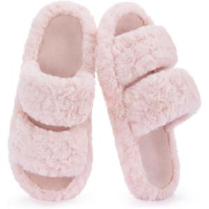 imageRockDove Womens Pluffie Chic Open Toe Faux Fur Slippers with Memory Foam Cozy House Shoes for Indoor Outdoor WearLight Pink